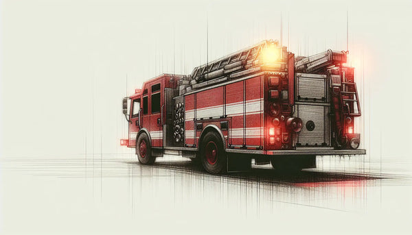 Moderne Feuerwehrhilfeleistungsfahrzeug als reduzierte Skizze ohne Menschen
