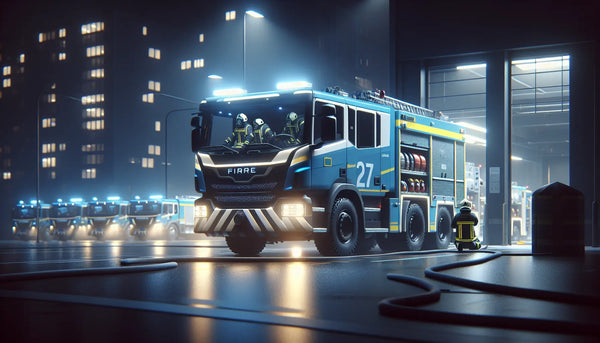 Feuerwehr bei nächtlichem Einsatz mit moderner Technik und Fahrzeugen in urbaner, ruhiger Atmosphäre, Steelmonks Farbschema.