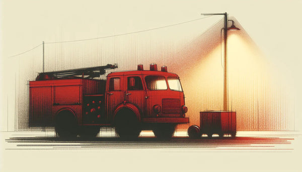 Moderne Feuerwehrfahrzeug und hydraulisches Rettungsgerät als skizzenhafte Darstellung