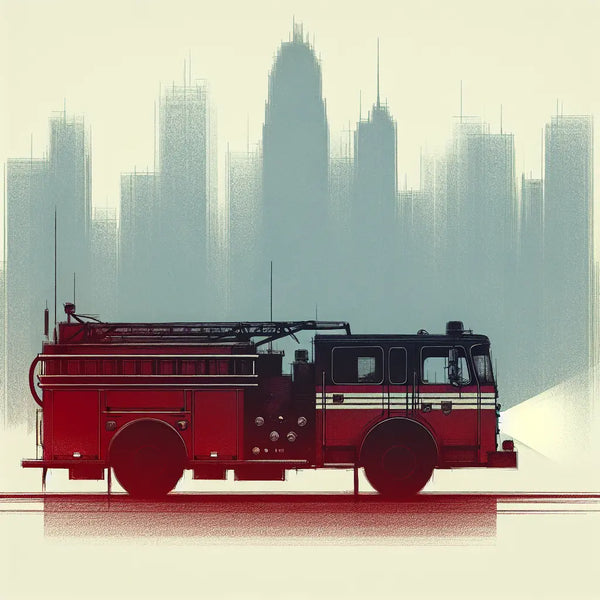 Skizzenhafte Darstellung eines modernen Feuerwehrwagens mit angedeuteten Wolkenkratzern im Hintergrund
