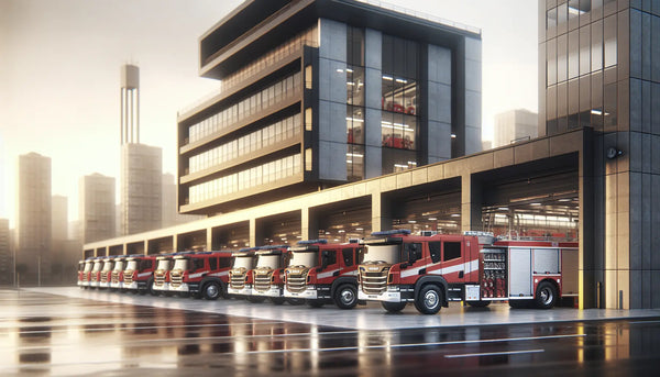 Moderne Feuerwehrwache mit roten Feuerwehrfahrzeugen vor urbaner Skyline in Steelmonks-Farbpalette, realistisch und stimmungsvoll inszeniert.