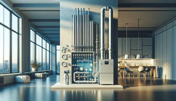 Moderne Illustration eines komplexen Heizungs- und Sanitärsystems in Steelmonks-Farben, die Wasser, Wärme und Luft verbindet.