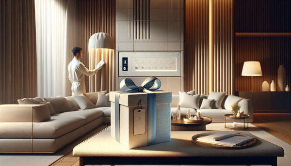 Eleganter Wohnbereich mit moderner Heizungsanlage und Anlagenmechaniker an digitalem Steuerungssystem, stilvoll und warm beleuchtet nach Steelmonks Farbschema.