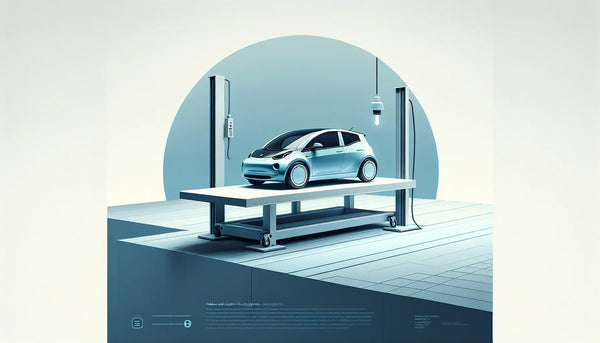 Elektroauto auf Hebebuehne als reduzierte Vektorgrafik in Blau auf hellem Hintergrund mit Text zu moderner Kfz Werkstatt und Diagnosegeraeten