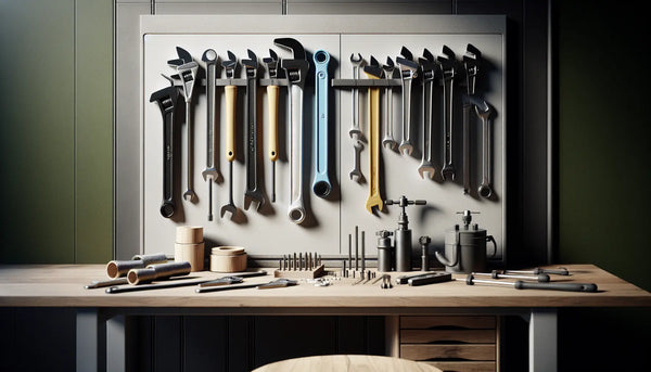 Moderne Klempnerwerkstatt mit realistischen Rohrzangen und Schraubenschlüsseln, atmosphärisch und hochwertig im Steelmonks-Farbschema.
