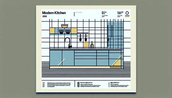 Minimalistische Vektorgrafik einer modernen Küche mit Acrylglasverkleidung vor Fliesen im klaren Steelmonks-Stil in Blau und Gelb auf weißem Hintergrund.