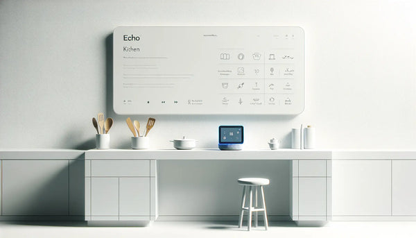 moderne kueche mit echo show 15 geraet auf arbeitsflaeche reduzierte vektorgrafik ohne personen mit rezept auf bildschirm minimalistischer hintergrund