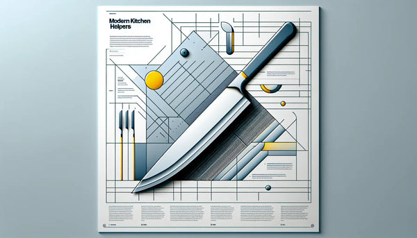 Minimalistisches stilisiertes Küchenmesser in Persian Blue mit kleinem gelben Akzentpunkt auf weißem Hintergrund. Überschrift mit Text Moderne Küchenhelfer und Stichpunkt Essentielle Küchequipment.