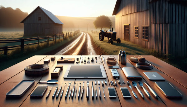Hochwertiges Bild einer Landfarm im Morgengrauen mit modern-traditionellen Werkzeugen, stilvoll arrangiert im Steelmonks-Farbschema.
