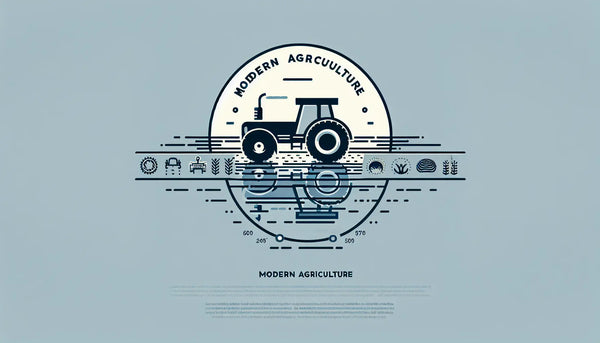Minimalistische Vektorgrafik eines stilisierten Traktors in Persian Blue mit einem gelben Akzentpunkt auf weißem Hintergrund, Symbol für moderne Landwirtschaft