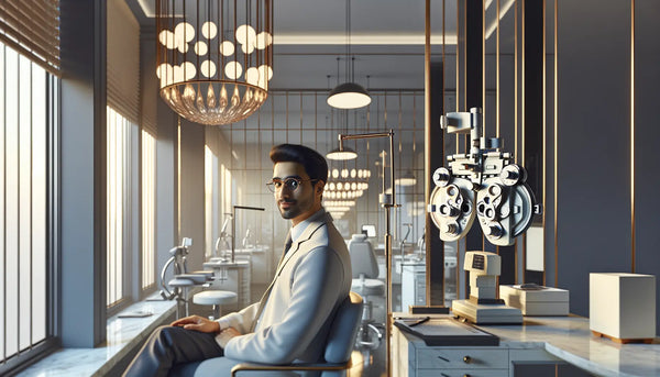 Optometrist im modernen Geschäft mit hochwertiger Technik bei augenärztlicher Untersuchung in stilvollem Steelmonks-Design.