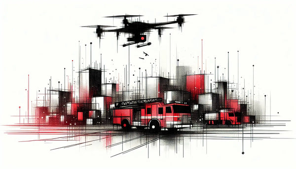 Abstraktes Feuerwehr Stadtbild mit Fahrzeug und Drohne skizziert