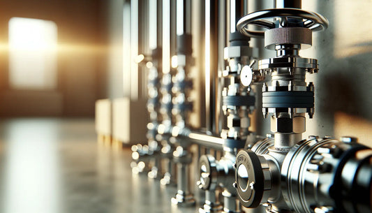 Moderne Wasserleitungen und Heizungsventile im Neubau, detailreich und hochwertig, mit Steelmonks Farbakzenten.