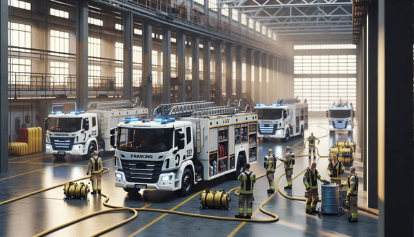 Moderne Werkfeuerwehr im Einsatz mit schlanken Fahrzeugen und Feuerwehrleuten in Steelmonks Farbpalette, ruhige und professionelle Atmosphäre.