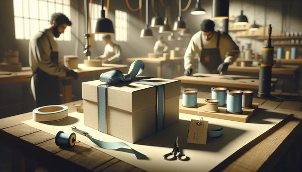 Moderne Werkstatt mit Anlagenmechanikern, schmal verpackte Geschenke in Persian Blue und Ghost White, warme Atmosphäre, professionelle Handwerksarbeit.