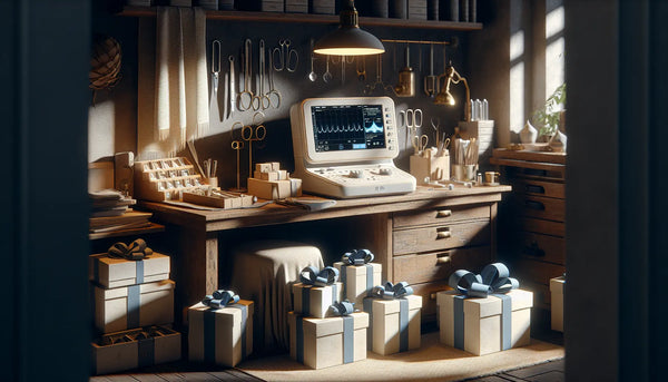 Werkstatt mit digitalen Diagnosgeräten und eleganten Geschenken in beruhigenden Steelmonks-Farben auf einem Werkstatttisch, warm und einladend gestaltet.