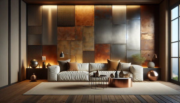 Wohnzimmerwand mit warmen Materialien aus Cortenstahl, Edelstahl und Kunstleder, harmonisch kombiniert in modernem, einladendem Design.