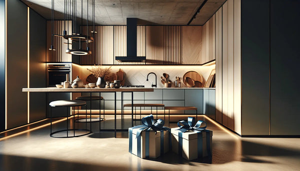 Elegante moderne Küche mit Naturstein-Arbeitsplatte und Holzdesign, warm beleuchtet, mit stilvollen Geschenkboxen in Steelmonks Farben.