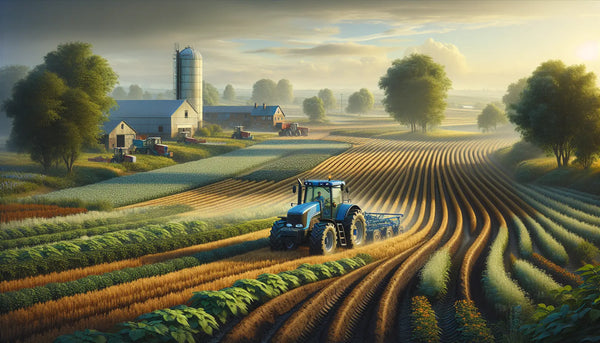Realistisches Bild einer modernen Farm mit Traktoren auf Feldern, natürliche Landschaft und warmes Tageslicht im Steelmonks Farblook.