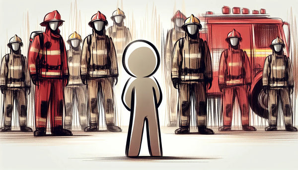 neutrale silhouette einer maskottchenfigur mit feuerwehrobjekten skizziert in rot und schwarz auf weissem hintergrund