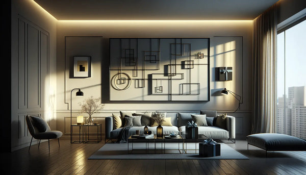 Moderne Wohnung mit stilvollem Metallkunstwerk an der Wand, warmem Licht und eleganten, minimalistisch verpackten Geschenken in Steelmonks Farbpalette.