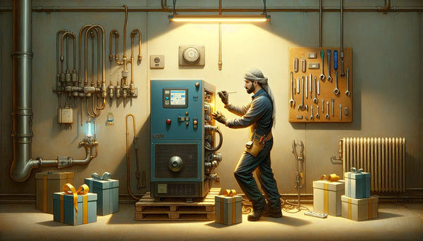 Moderner Anlagenmechaniker arbeitet an smarter Heizungsanlage, umgeben von Stahlmonks Geschenkboxen in Blau, Weiß und Gelb im sauberen Maschinenraum.