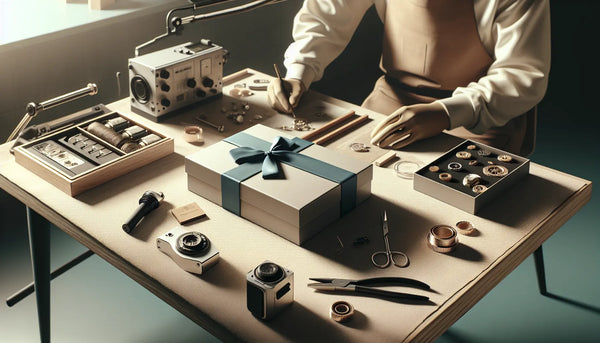 Moderner Arbeitsplatz mit einem erfahrenen Handwerker und stilvollem, schmalem Geschenk mit blauer Schleife.
