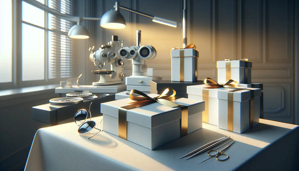 Moderner Arbeitsplatz eines Augenoptikers mit elegant verpackten Geschenken in Steelmonks-Farben, Brillengläsern und Schleifmaschinen in warmer Atmosphäre.