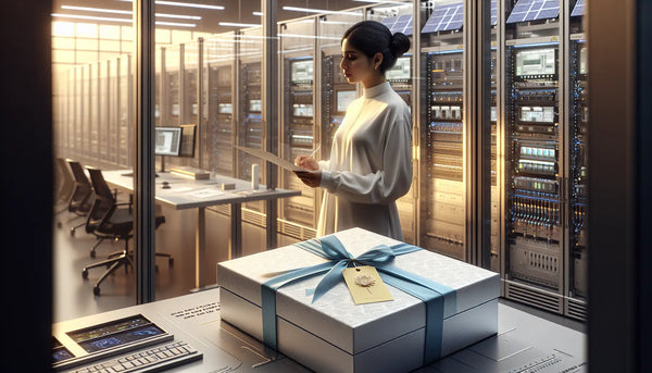 Moderner Elektroniker arbeitet in High-Tech-Gebäude mit digitaler Steuerung, nahe eleganter, im Steelmonks Look verpackter Geschenkbox.
