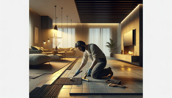 Fliesenleger verlegt rechteckige Fliesen präzise in modernem Wohnzimmer mit hochwertigen Werkzeugen, Steelmonks Farbschema und warmem Licht.