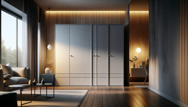 Moderner Ikea-Kleiderschrank mit Gleittüren in stilvoller Wohnzimmerecke, elegant und einladend mit Steelmonks Farbpalette.