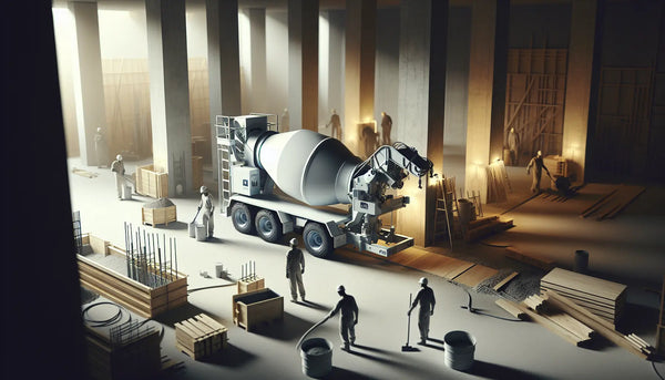 Moderner Zementmischer auf Baustelle mit Bauarbeitern, warmes Licht, realistisch, Steelmonks Farbpalette, Betonarbeiten in ruhiger Umgebung.