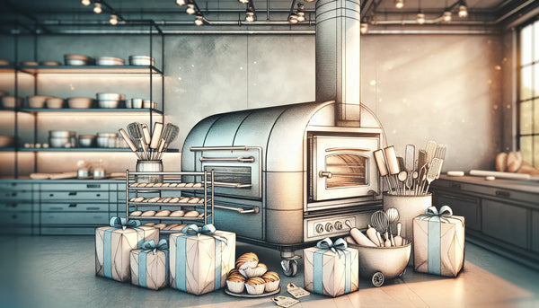 Moderner industrieller Backofen mit Backutensilien in freundlicher, hochwertiger Backstube im Steelmonks-Look