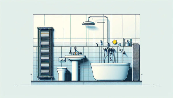 reduziertes sanitärobjekt mit duschkopf waschbecken armaturen heizkörper und lüftungsöffnungen klare vektorgrafik auf hellem hintergrund mit text modernes badezimmer