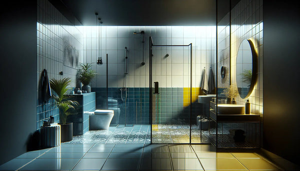 Modernes Badezimmer mit glänzenden Acrylglasplatten, eleganter Einrichtung in Steelmonks-Farben und ruhiger, hochwertiger Atmosphäre.
