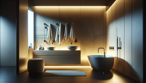 Modernes Badezimmer mit eleganten Sanitärinstallationen in Steelmonks Farben, weiches Licht, minimalistische Atmosphäre ohne Personen.