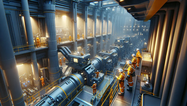Modernes Bergwerk mit Bergleuten in heller Schutzkleidung und schlanken Maschinen in Steelmonks Farben, warm und ehrlich beleuchtet