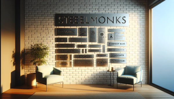 Ein modernes Interieur mit personalisierten Metallschildern an einer stilvollen Ziegelwand in Steelmonks Farbpalette, warm und einladend beleuchtet.