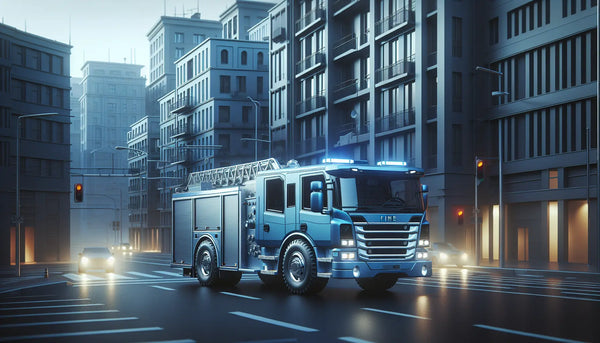 Modernes Feuerwehrfahrzeug in Blau navigiert schnell durch ruhige, städtische Umgebung, symbolisiert effiziente Notfallhilfe und Zuverlässigkeit.
