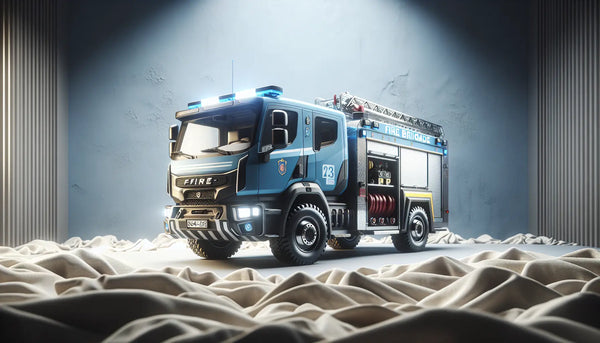 Modernes Feuerwehrfahrzeug in Aktion vor blauem Himmel, symbolisiert moderne und integrative Feuerwehr, freundlich und hochwertig im Steelmonks Stil.