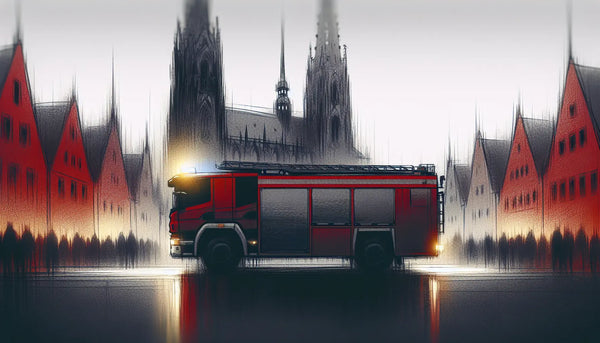 Moderne Feuerwehrfahrzeug Silhouette vor skizzenhafter historischer Altstadt Kulisse