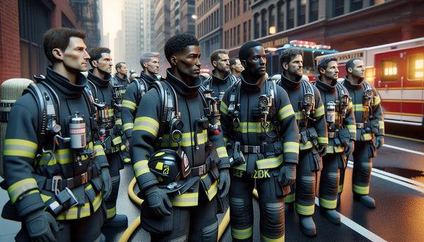 Feuerwehrteam in moderner Ausrüstung arbeitet koordiniert vor urbaner Kulisse, stimmungsvolles Bild in Steelmonks-Farben.