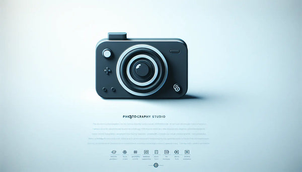 Minimalistische Vektorgrafik einer 360-Grad-Kamera in Persian Blue mit gelbem Akzent vor weißem Hintergrund zum Thema modernes Fotostudio Fototechnik.