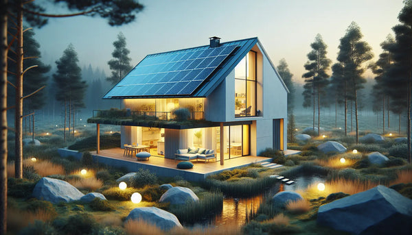 Modernes Haus mit Solaranlage auf dem Dach und umweltfreundlicher Gasheizung, in warmem Steelmonks-Design dargestellt.