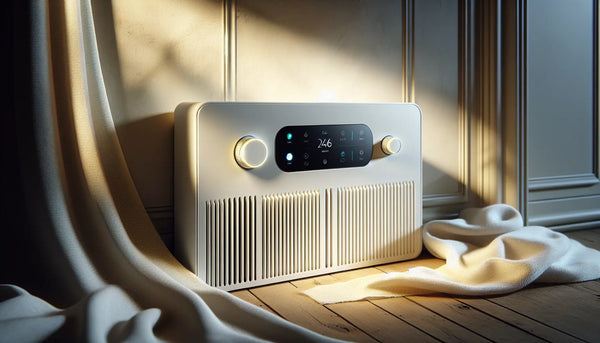 Modernes Heiz- und Lüftungssystem mit digitaler Steuerung, elegantes Design in Steelmonks-Farben, warm und energieeffizient.
