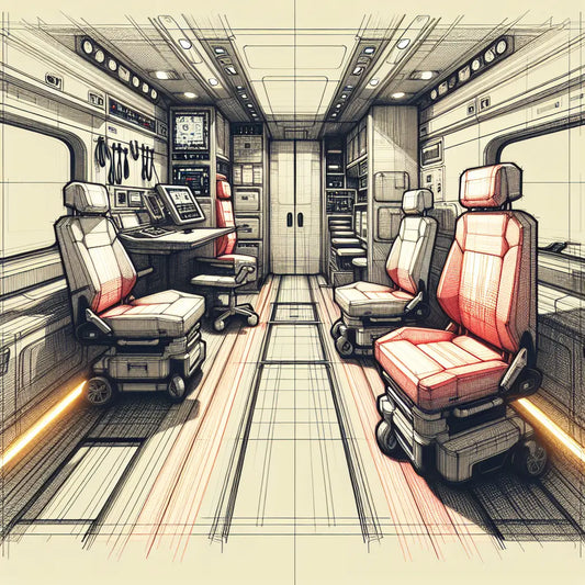 Skizzenhafte Darstellung des Innenraums eines modernen Krankentransportwagens mit Medizintechnik und Sitzen