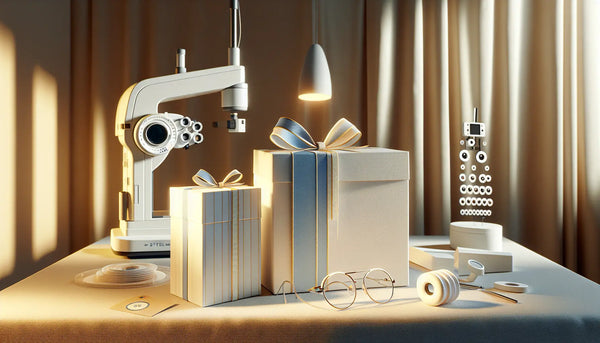 Modernes Optikergeschäft mit digitalem Refraktometer und 3D-Scannern, elegante Geschenkboxen mit Persian Blue Bändern, warme, hochwertige Atmosphäre.