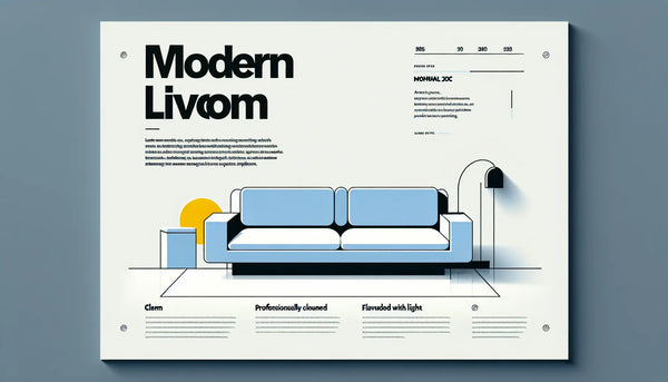 Minimalistisches, modernes Wohnzimmer als stilisierte Vektorgrafik mit klaren Linien in Persian Blue auf weißem Hintergrund. Text Modernes Wohnzimmer und Stichpunkt Professionell gereinigt und lichtdurchflutet.