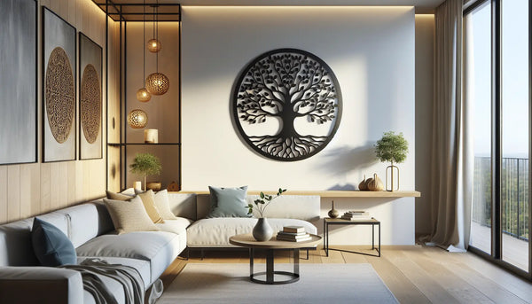 Modernes Wohnzimmer mit dekorativem Metallschild 'Baum des Lebens' in Steelmonks-Farben, warm und harmonisch gestaltet.