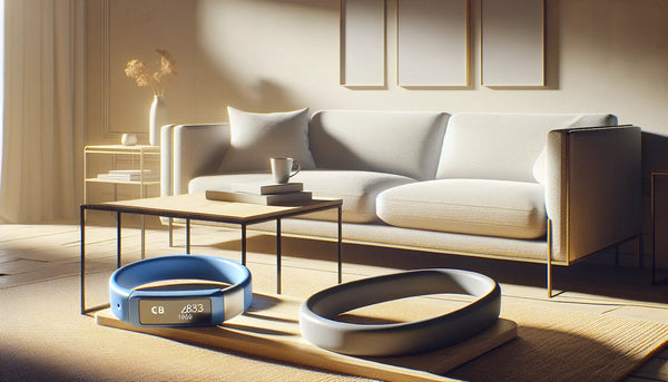 Modernes Wohnzimmer mit eleganter Couch und Hausnotrufarmband auf Couchtisch, warmes Licht, Steelmonks-Farben, schlicht und einladend.